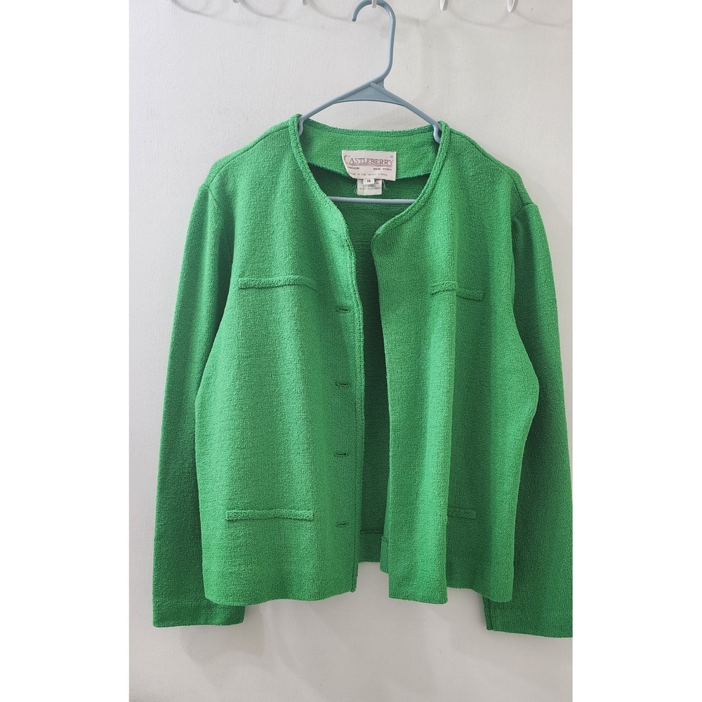 Vintage Castleberry Green Knit Cardigan Jacket Button Front Size 16 Made in USA